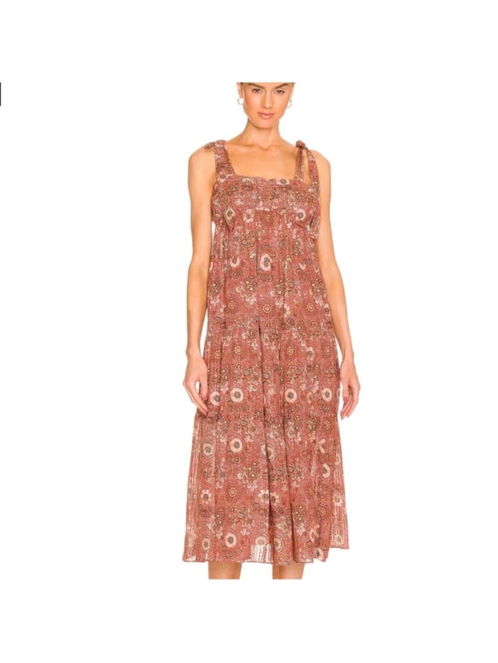 Ulla Johnson Rust Floral Tie-Shoulder Midi Dress